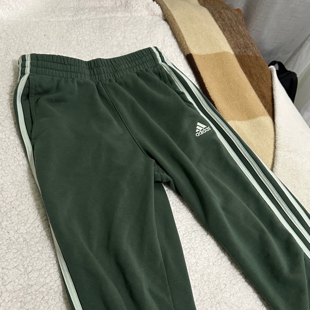 Adidas Kids Dark Green Joggers with White Stripes